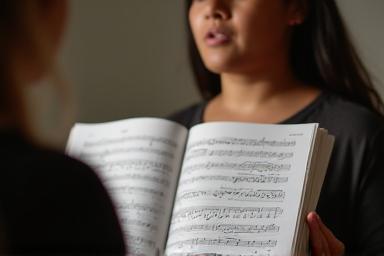Singer receiving coaching while holding sheet music, preparing for an audition
